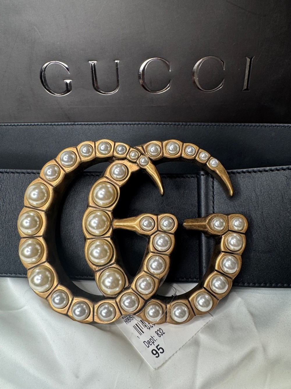 Gucci Jumbo Pearl GG Marmont Black Wide Leather Belt- NWT Size 95 - Picture 2 of 13